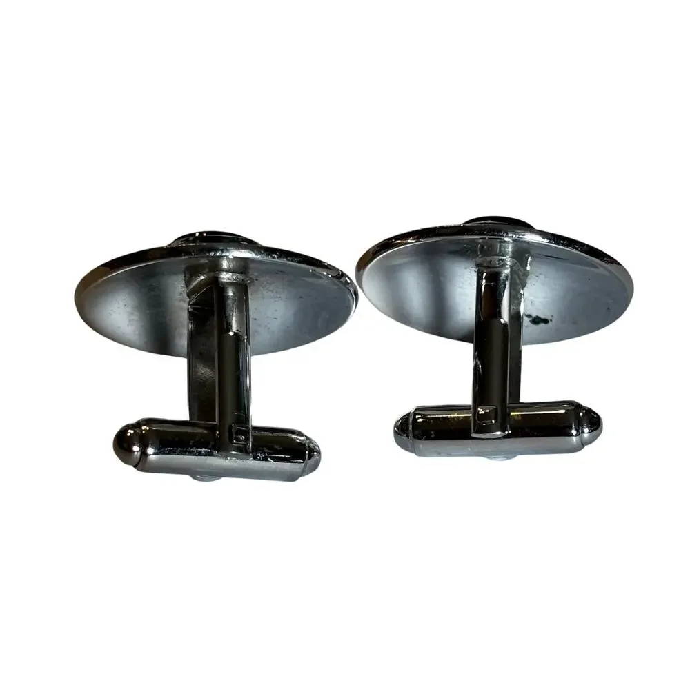 Mid Century silver textured round cufflinks with black enamel centers vintage